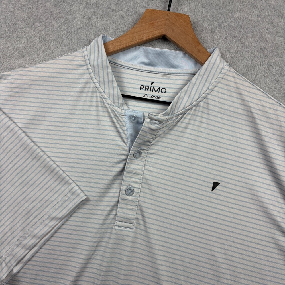 Primo Golf Polo Shirt Mens 2XL Gray Blue Striped Blade Collar Performance Flex